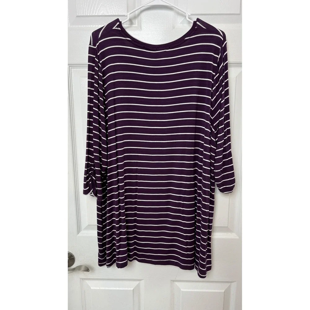 Catherines Purple White Striped Ruched Sleeve Tunic Top Plus Size 1X
